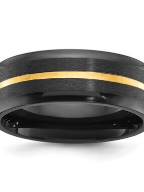 NWT Chisel Black Zirconium 8mm Wedding Band Yellow Gold IP Polished Accents